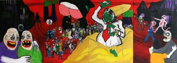 Richard Roháč – Clovek a prachy alebo aj taky je zivot, 2010-2011, akryl na plátne, 280 x 100 cm