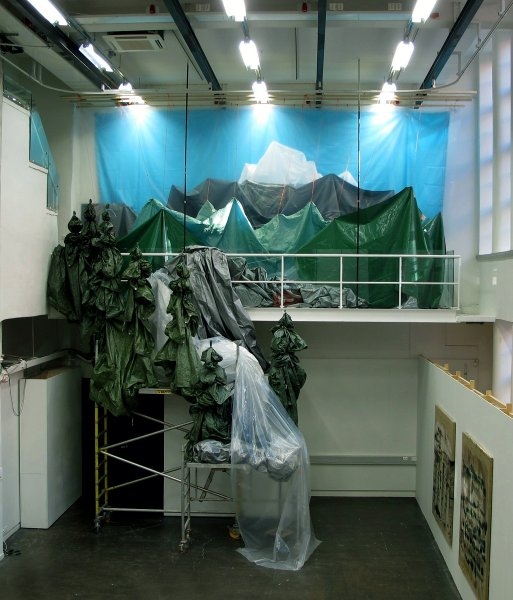 Pia Sirén – Mountain Landscape, 2011, mixed media installation, (tarpaulin, plastic, scaffolding, rope, wood), 8 x 8 x 5 m (installation at KUVA, Helsinki)