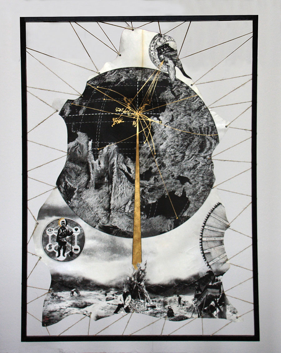 Edward Lloyd – Mappa Mungli, 2015 goatskin parchment, photoshop, silkscreen & gold leaf