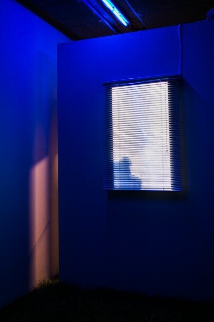 Ebony Hoorn – Black Sun Rising, 2016, vícemediální instalace, materiál: 40 LED TV monitor, modré záření, trávník, stříbrné hliníkové žaluzie, ble light filter. foto: Anne Lakeman  
