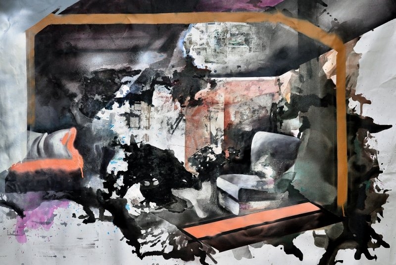 Mihaela Mihalache – Darkroom, 2016, 160X105 cm, více médií (koláž, spej, olejomalba)