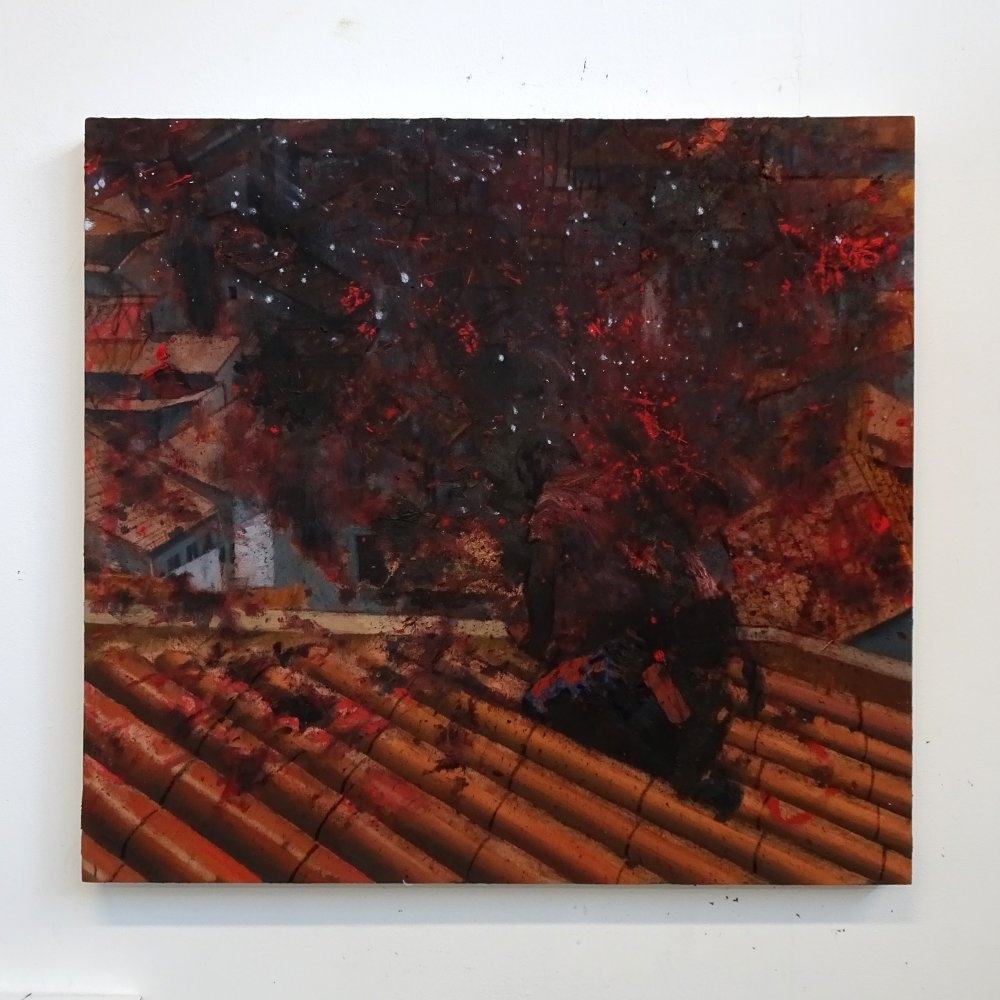 Shimon Kamada – Life on the Line, Ink/Acrylic and oil paint on canvas, 90x95cm, 2020